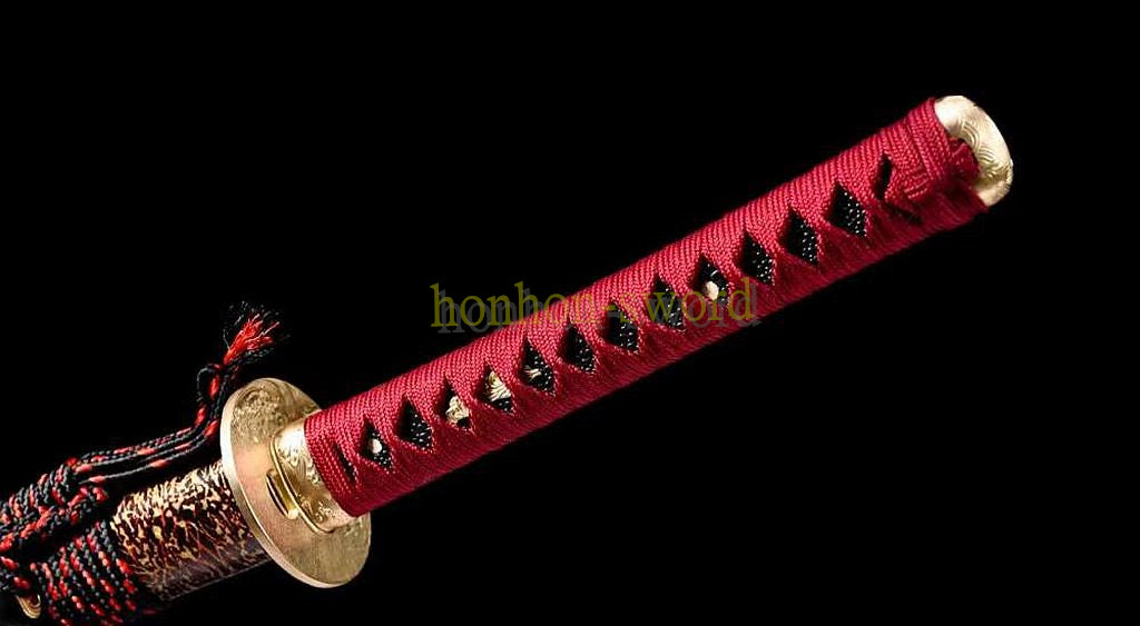 T10 Steel Clay Tempered Real Hamon Katana Japanese Samurai Sword Battle Ready Red