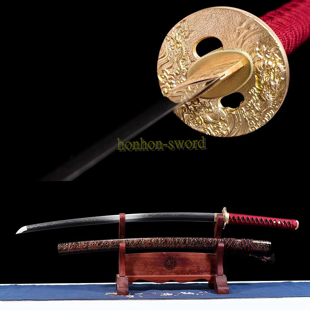 T10 Steel Clay Tempered Real Hamon Katana Japanese Samurai Sword Battle Ready Red