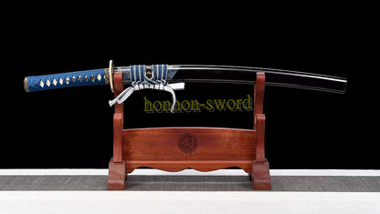 Unokubi Zukuri T10 Steel Clay Tempered Wakizashi Japanese Samurai Sword Ox Horn Saya Blue