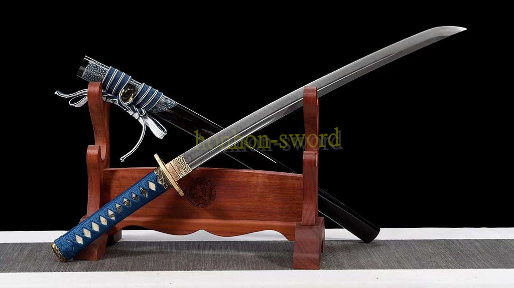 Unokubi Zukuri T10 Steel Clay Tempered Wakizashi Japanese Samurai Sword Ox Horn Saya Blue