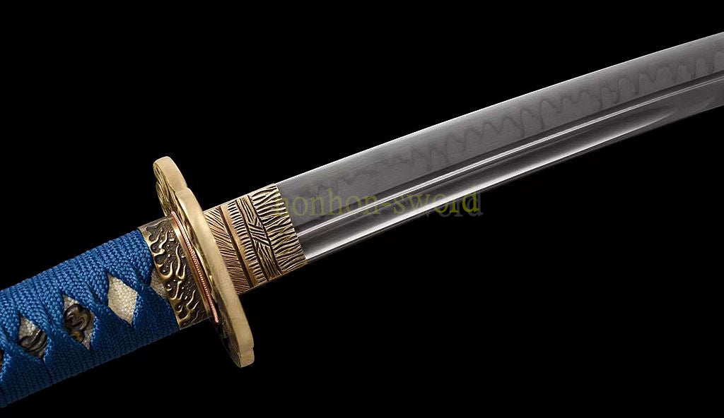 Unokubi Zukuri T10 Steel Clay Tempered Wakizashi Japanese Samurai Sword Ox Horn Saya Blue