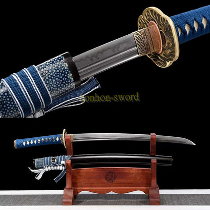 Unokubi Zukuri T10 Steel Clay Tempered Wakizashi Japanese Samurai Sword Ox Horn Saya Blue