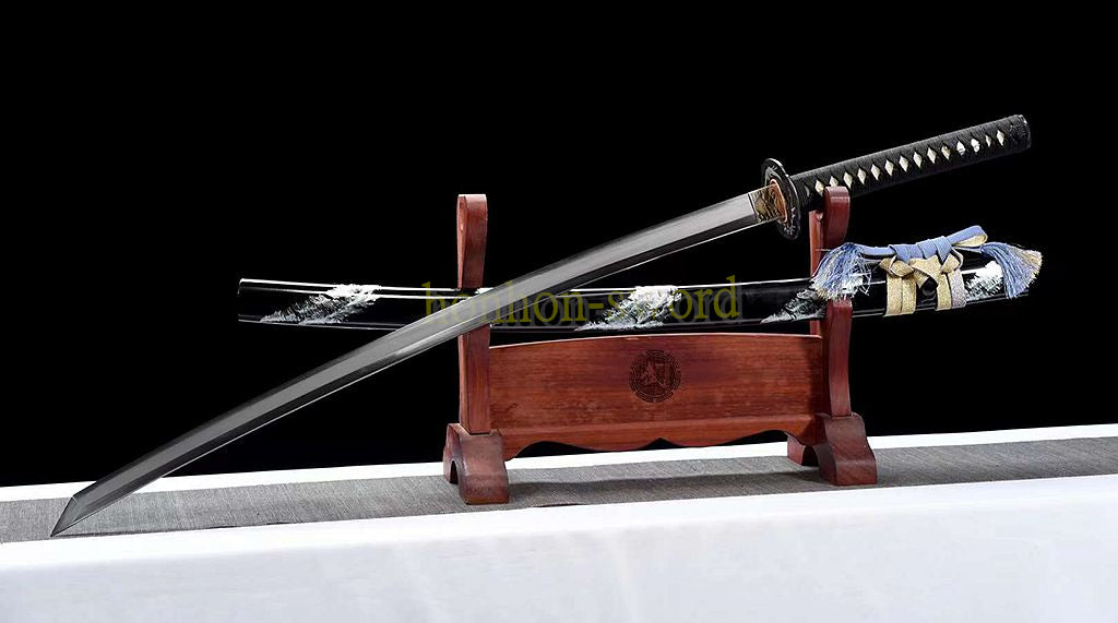 Katana à lame bleue en acier à haute teneur en carbone 1095, épée de samouraï japonais, épée complète noire 