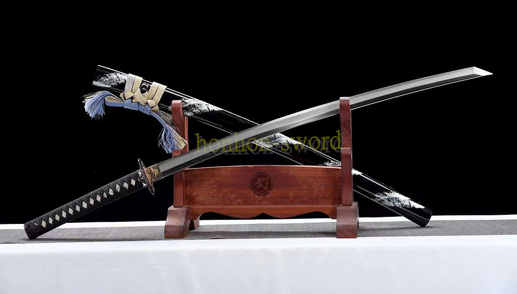 Katana à lame bleue en acier à haute teneur en carbone 1095, épée de samouraï japonais, épée complète noire 