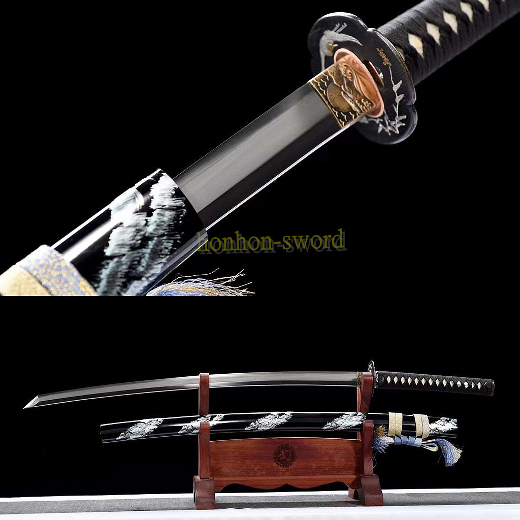 Katana à lame bleue en acier à haute teneur en carbone 1095, épée de samouraï japonais, épée complète noire 