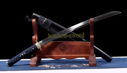 Unokubi Zukuri T10 Steel Clay Tempered Wakizashi Japanese Samurai Sword Battle Ready Black