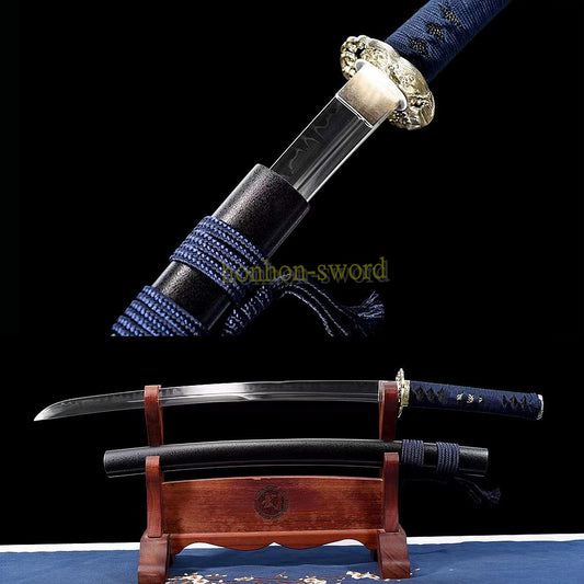 Unokubi Zukuri T10 Steel Clay Tempered Wakizashi Japanese Samurai Sword Battle Ready Black