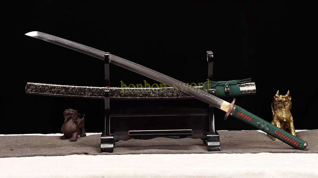 1095 Kohlenstoffstahl Katana Blaue Klinge Japanisches Samurai-Schwert Full Tang Schwarz 