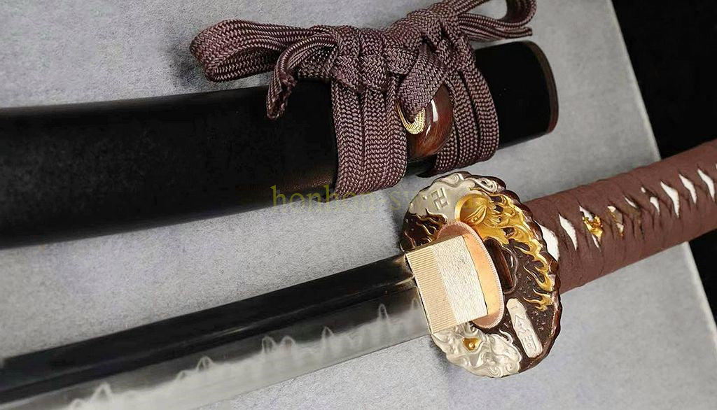 Unokubi Zukuri T10 Steel Clay Tempered Wakizashi Japanese Samurai Sword Ox Horn Saya Black