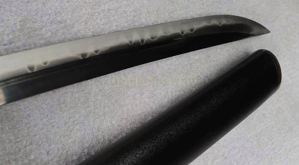 Unokubi Zukuri T10 Steel Clay Tempered Wakizashi Japanese Samurai Sword Ox Horn Saya Black