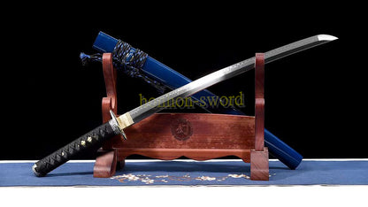 Katana à lame bleue en acier à haute teneur en carbone 1095, épée de samouraï japonais, épée complète noire 