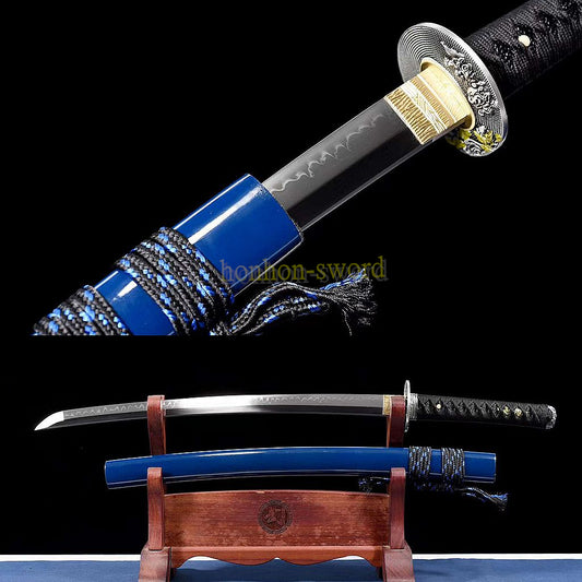 T10 Steel Clay Tempered Wakizashi Japanese Samurai Sword Blue Saya Battle Ready