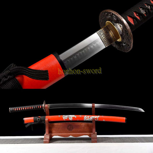 T10 Steel Clay Tempered Katana Japanese Samurai Sword Red Saya Battle Ready