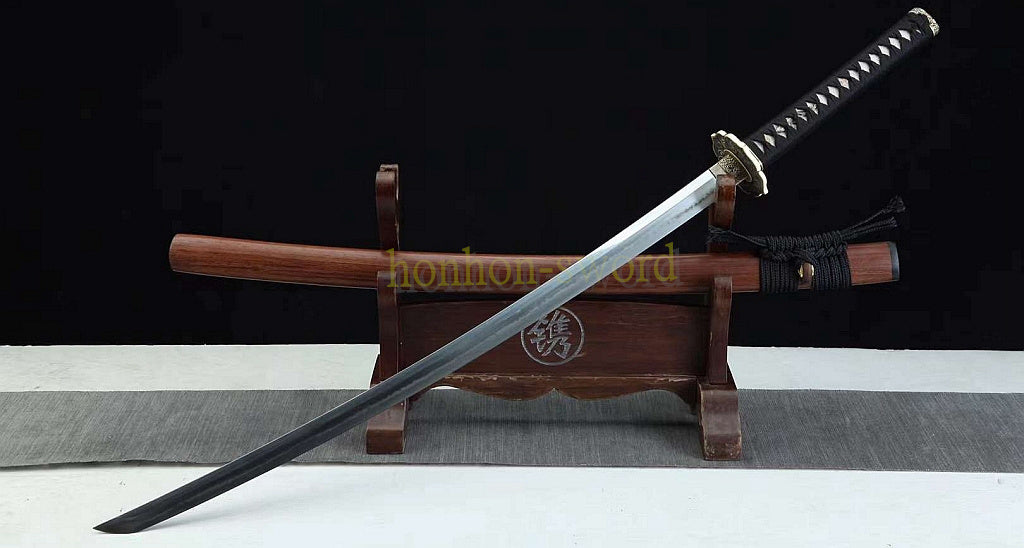 1095 Kohlenstoffstahl Katana Blaue Klinge Japanisches Samurai-Schwert Full Tang Schwarz 