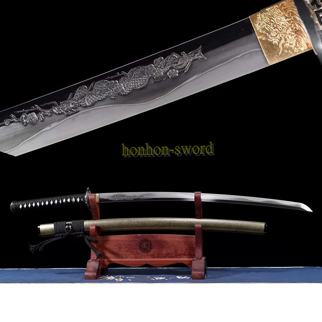 Katana à lame bleue en acier à haute teneur en carbone 1095, épée de samouraï japonais, épée complète noire 