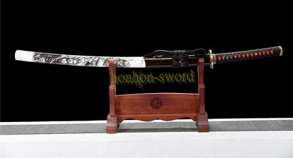 Functional Damascus Folded Steel Clay Tempered Katana Japanese Samurai Sword Black and White