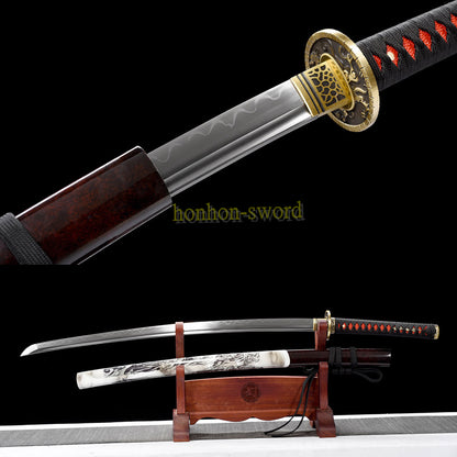 Functional Damascus Folded Steel Clay Tempered Katana Japanese Samurai Sword Black and White