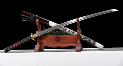 Functional Damascus Folded Steel Clay Tempered Katana Japanese Samurai Sword Black and White