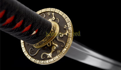 Functional Damascus Folded Steel Clay Tempered Katana Japanese Samurai Sword Black and White