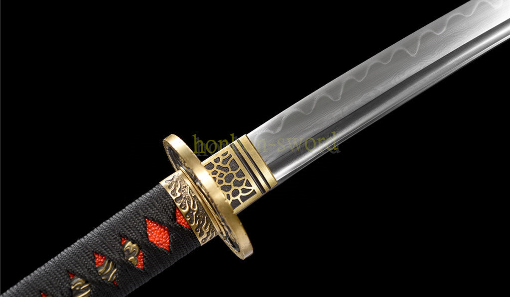 Functional Damascus Folded Steel Clay Tempered Katana Japanese Samurai Sword Black and White