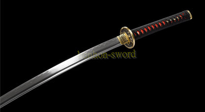 Functional Damascus Folded Steel Clay Tempered Katana Japanese Samurai Sword Black and White