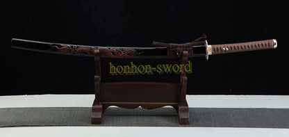 Japanisches Samurai-Schwert Katana aus schwarzem gefaltetem Stahl, Full Tang, handgefertigt, scharfe Klinge, schwarz 