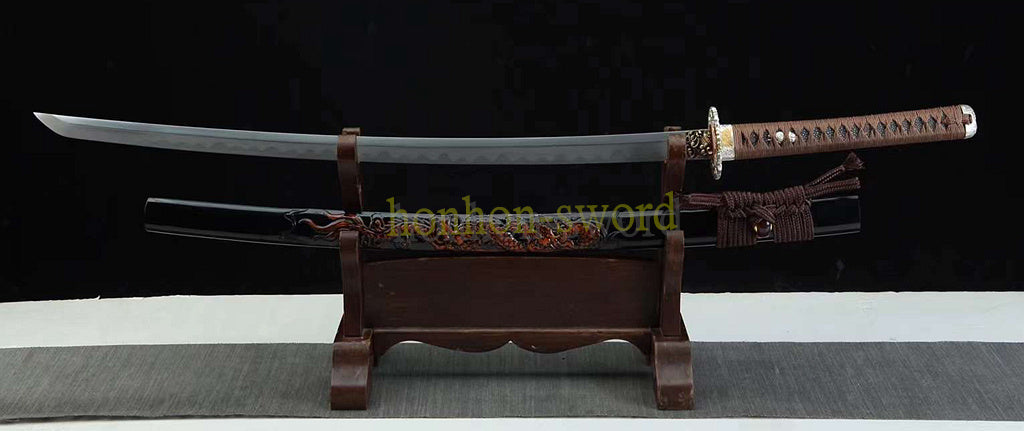 Japanisches Samurai-Schwert Katana aus schwarzem gefaltetem Stahl, Full Tang, handgefertigt, scharfe Klinge, schwarz 