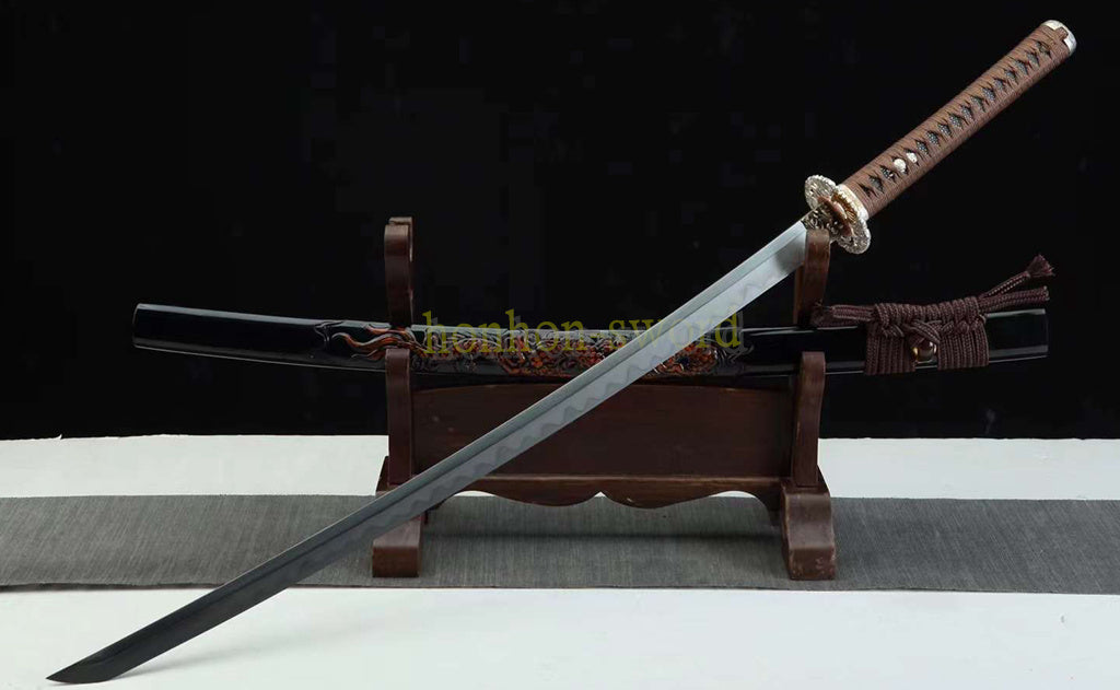Japanisches Samurai-Schwert Katana aus schwarzem gefaltetem Stahl, Full Tang, handgefertigt, scharfe Klinge, schwarz 