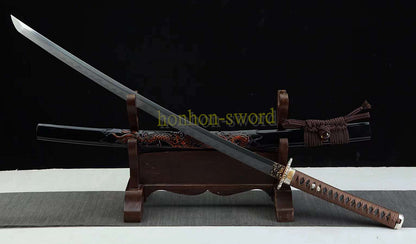 Japanisches Samurai-Schwert Katana aus schwarzem gefaltetem Stahl, Full Tang, handgefertigt, scharfe Klinge, schwarz 