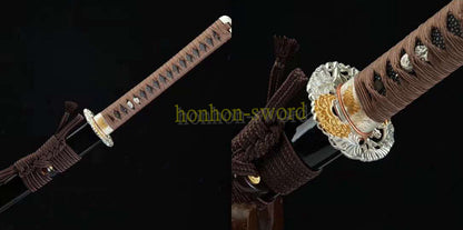 Japanisches Samurai-Schwert Katana aus schwarzem gefaltetem Stahl, Full Tang, handgefertigt, scharfe Klinge, schwarz 