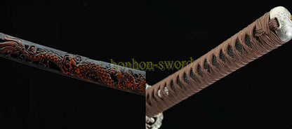 Japanisches Samurai-Schwert Katana aus schwarzem gefaltetem Stahl, Full Tang, handgefertigt, scharfe Klinge, schwarz 