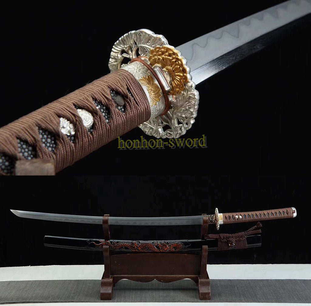 Japanisches Samurai-Schwert Katana aus schwarzem gefaltetem Stahl, Full Tang, handgefertigt, scharfe Klinge, schwarz 