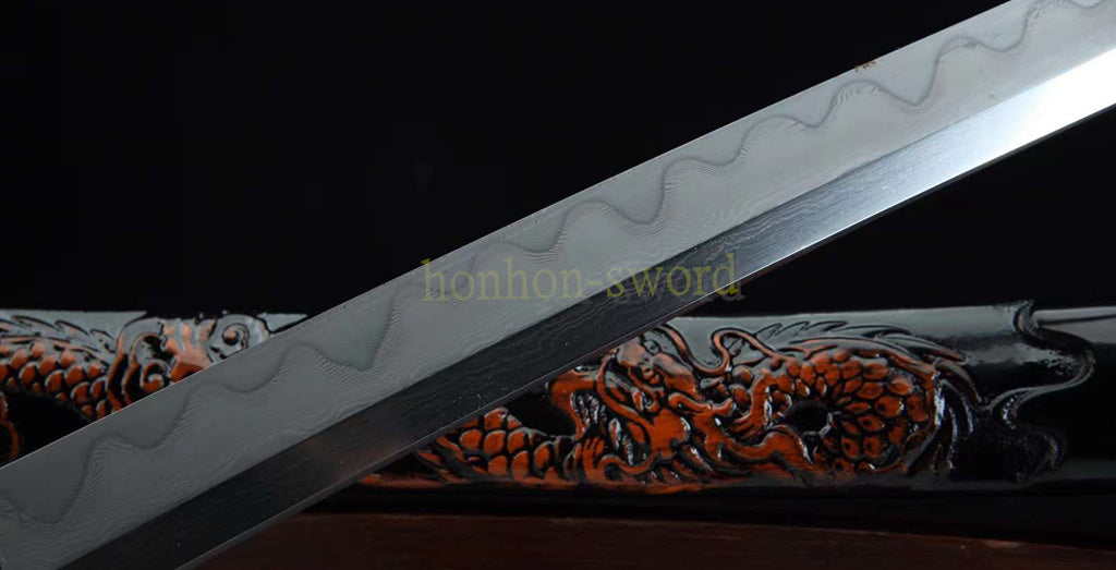 Japanisches Samurai-Schwert Katana aus schwarzem gefaltetem Stahl, Full Tang, handgefertigt, scharfe Klinge, schwarz 