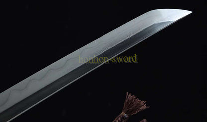 Japanisches Samurai-Schwert Katana aus schwarzem gefaltetem Stahl, Full Tang, handgefertigt, scharfe Klinge, schwarz 