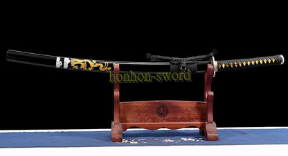 Functional Damascus Folded Steel Clay Tempered Katana Japanese Samurai Sword Battle Ready Black