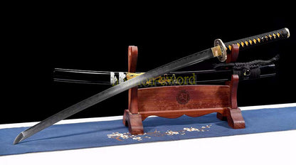 Functional Damascus Folded Steel Clay Tempered Katana Japanese Samurai Sword Battle Ready Black