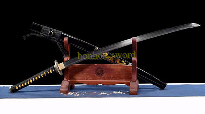 Functional Damascus Folded Steel Clay Tempered Katana Japanese Samurai Sword Battle Ready Black