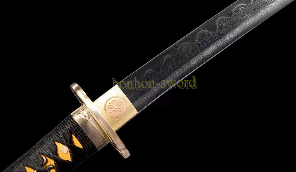 Functional Damascus Folded Steel Clay Tempered Katana Japanese Samurai Sword Battle Ready Black