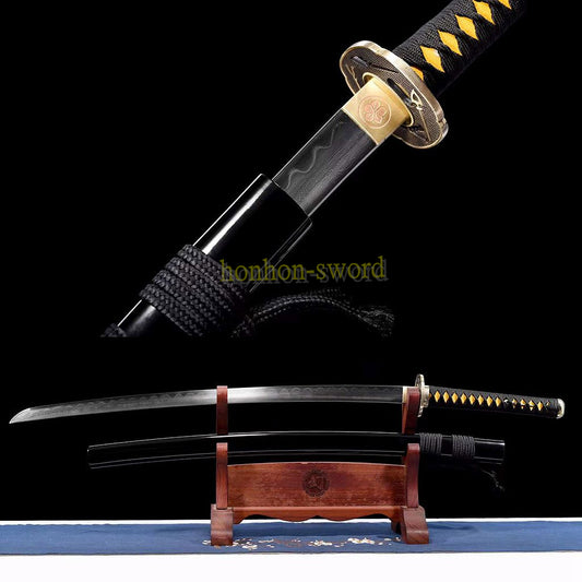 Japanisches Samurai-Schwert Katana aus schwarzem gefaltetem Stahl, Full Tang, handgefertigt, scharfe Klinge, schwarz 