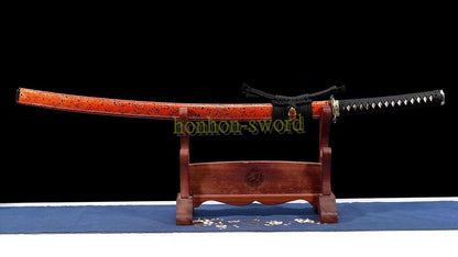 Japanisches Samurai-Schwert Katana aus schwarzem gefaltetem Stahl, Full Tang, handgefertigt, scharfe Klinge, schwarz 