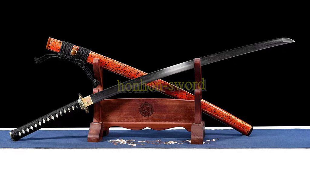 Japanisches Samurai-Schwert Katana aus schwarzem gefaltetem Stahl, Full Tang, handgefertigt, scharfe Klinge, schwarz 