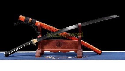 Japanisches Samurai-Schwert Katana aus schwarzem gefaltetem Stahl, Full Tang, handgefertigt, scharfe Klinge, schwarz 