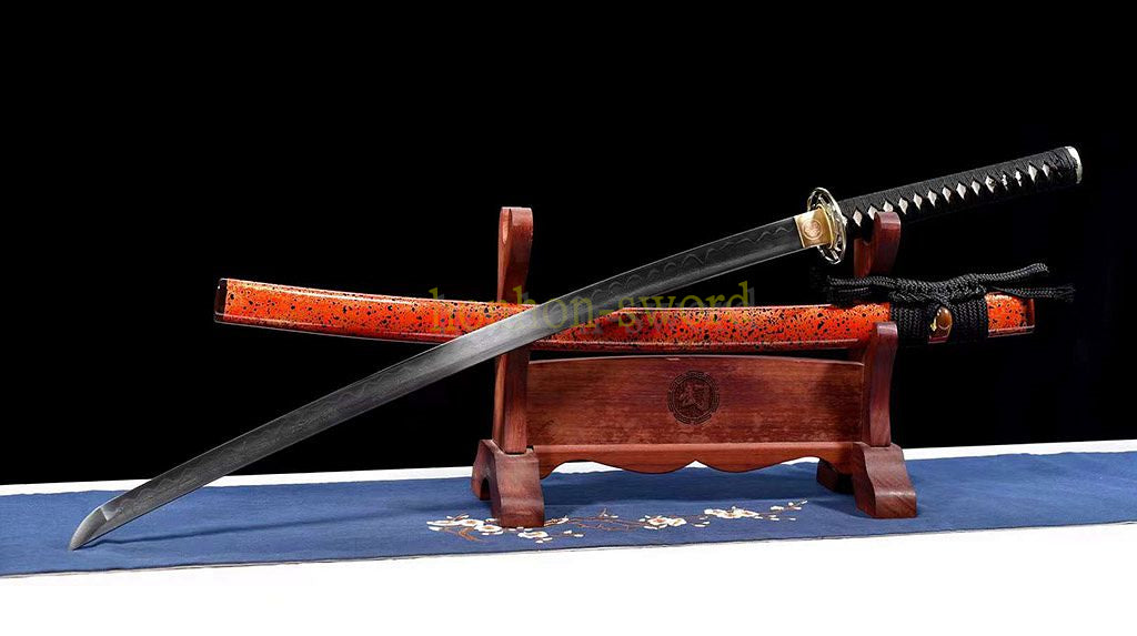 Japanisches Samurai-Schwert Katana aus schwarzem gefaltetem Stahl, Full Tang, handgefertigt, scharfe Klinge, schwarz 