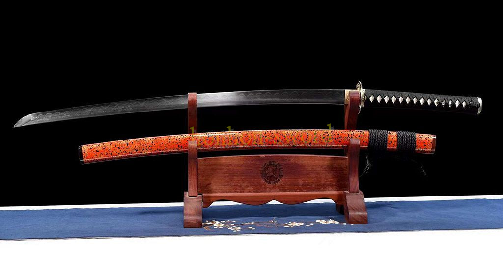 Japanisches Samurai-Schwert Katana aus schwarzem gefaltetem Stahl, Full Tang, handgefertigt, scharfe Klinge, schwarz 