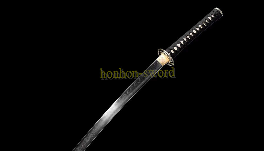 Japanisches Samurai-Schwert Katana aus schwarzem gefaltetem Stahl, Full Tang, handgefertigt, scharfe Klinge, schwarz 