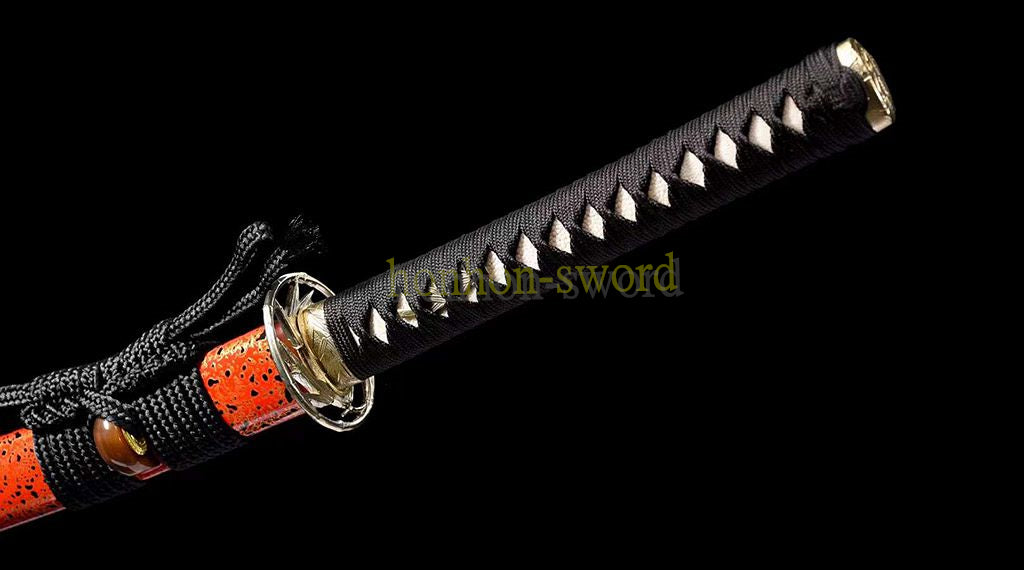 Japanisches Samurai-Schwert Katana aus schwarzem gefaltetem Stahl, Full Tang, handgefertigt, scharfe Klinge, schwarz 