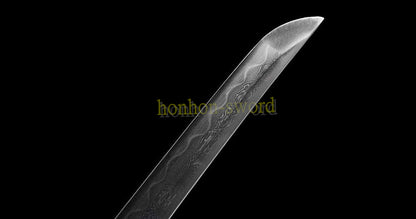 Japanisches Samurai-Schwert Katana aus schwarzem gefaltetem Stahl, Full Tang, handgefertigt, scharfe Klinge, schwarz 