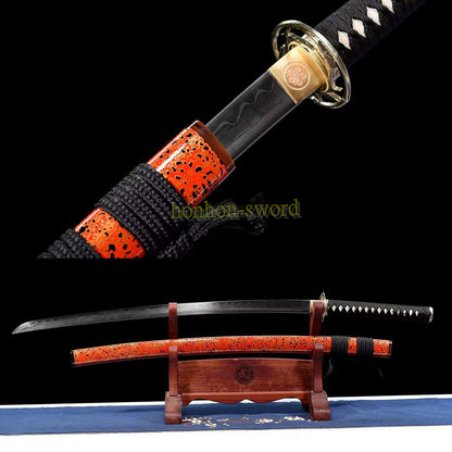Japanisches Samurai-Schwert Katana aus schwarzem gefaltetem Stahl, Full Tang, handgefertigt, scharfe Klinge, schwarz 