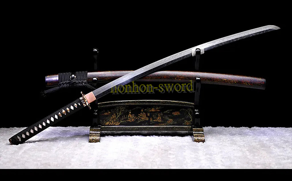 L6 Steel Clay Tempered Katana Hitatsura Hamon 皆烧 Japanese Samurai Sword Black and Red