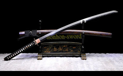 L6 Steel Clay Tempered Katana Hitatsura Hamon 皆烧 Japanese Samurai Sword Black and Red